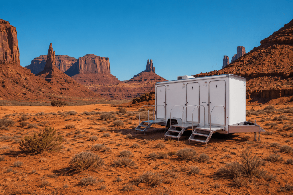 Luxury restroom trailer in the Utah desert with red rock canyon backdrop